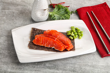 Sliced salmon sashimi in the plate