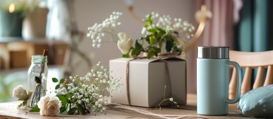 Gift box and a bouquet of flowers on a wooden table