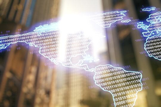 Digital map of North America hologram on modern architecture background, global technology concept. Multiexposure