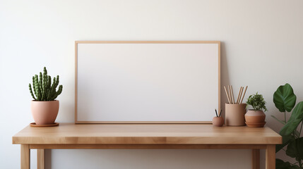 Minimalist Work Desk Setup with Empty Picture Frame and Indoor Plants
