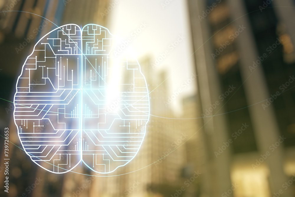 Aufkleber double exposure of creative artificial intelligence interface on modern skyscrapers background. neur