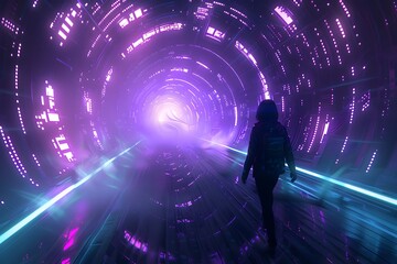 Lost in the women corridors of a sentient mind, the protagonist confronts abstract representations of memory and consciousness, illuminated by neon pulses against the background of a digital universe.