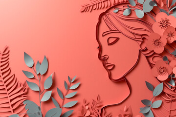 the face of a delightful girl surrounded by flowers, made in the style of cut paper. beautiful illustration with space for text. for international women's day