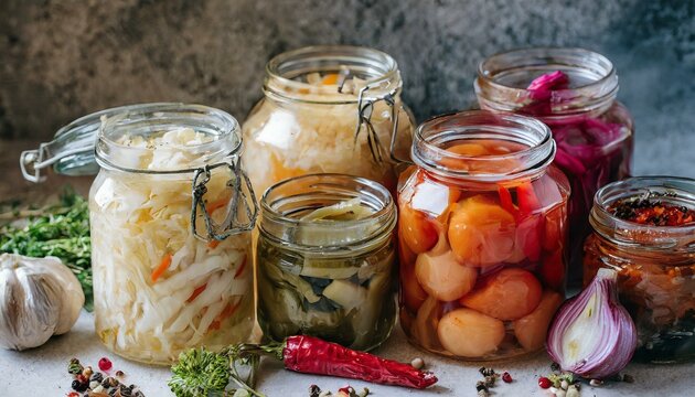jars of pickled tomatoes and cucumbers wallpaper vibrant collection of assorted fermented foods displayed in clear glass jars, featuring a colorful array of textures and hues from vegetables and fruit