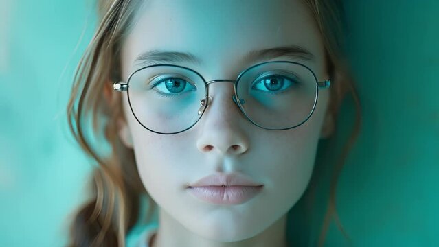 A young girl with gles and braces looks directly into the camera her braces a symbol of her own growth and selfacceptance journey, Young Girl With Glasses Against Blue Background