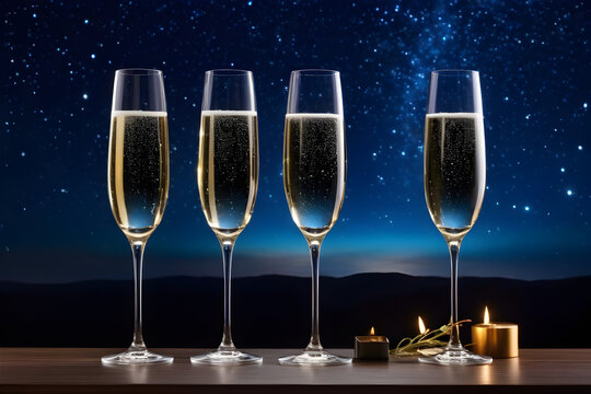 Four Champagne glasses, against the night sky. Generative AI