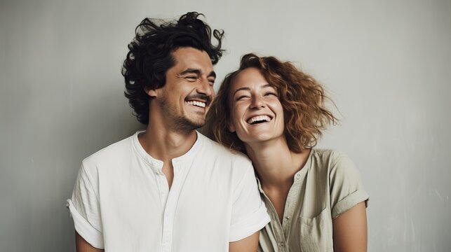 Joyful Couple Expressing Happiness on a Solid Color Background in Studio - Cute Romantic Pair