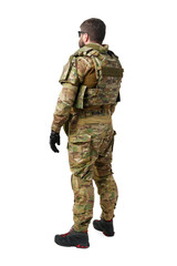 Back view of male soldier in military uniform isolated on white background