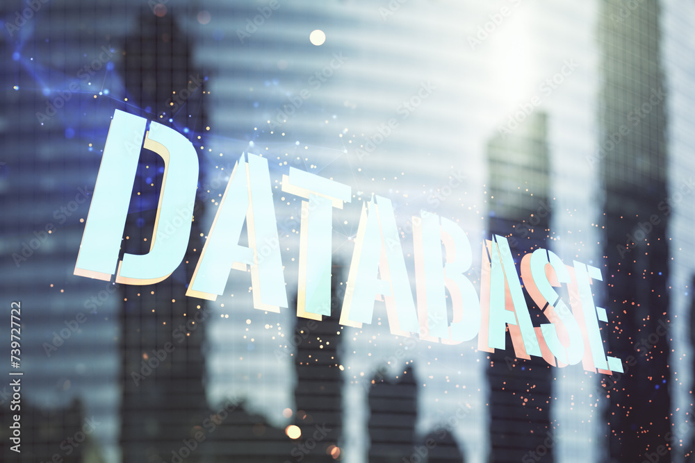 Poster double exposure of creative database word hologram on modern skyscrapers background, research and de