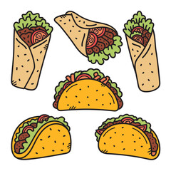  Taco and Kebab Doodle Vector Illustration