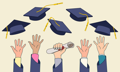 Student hands throwing graduation hats in the air. Vector illustration.