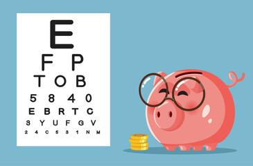Piggy Bank Wearing Glasses Next to Snellen Chart Vector Illustration. Sale announcement in an ophthalmology medical office in eye consultations
