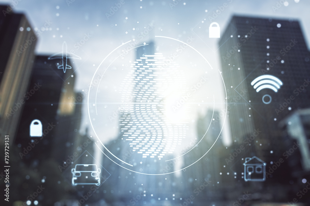 Poster multi exposure of virtual creative fingerprint hologram on modern skyscrapers background, personal b