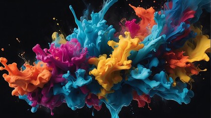 Explosion of colored smoke liquid isolated on black background.