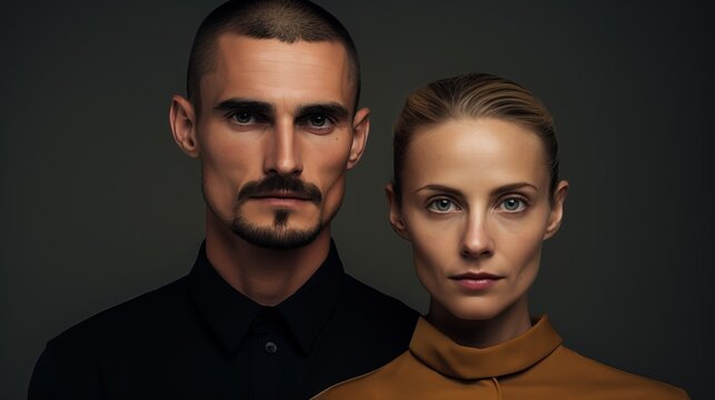 Modern Sophisticated Couple in Stylish Outfits Posing on a Minimal Color Background - French Beard