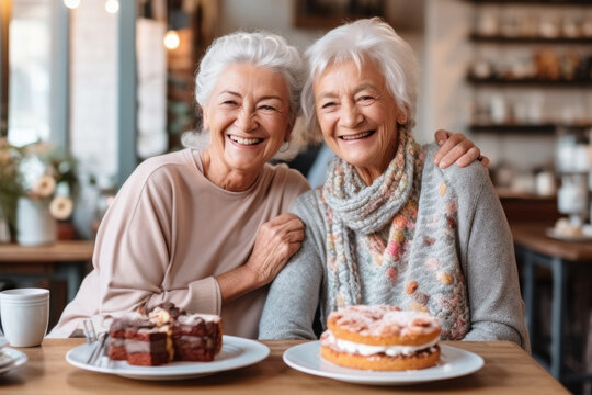 Happy two senior ladies with summer cake in cute cafe. Strong friendship for many years