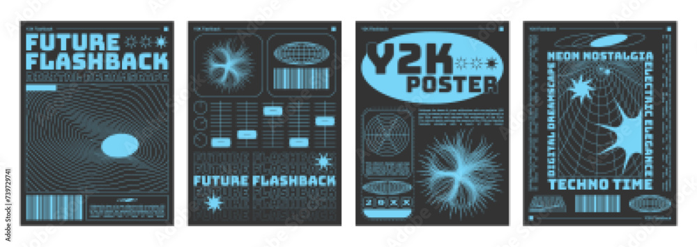 Poster y2k style poster design template set with grid acid abstract pattern and shape. retro futuristic gra