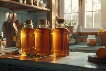 Honey  bottles containes on kitchen.