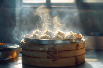 Piping hot delicious bamboo steamer of soup dumplings,