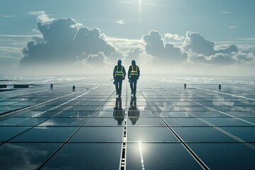 technicians in reflective clothing walking between rows of photovoltaic panels at solar farm 