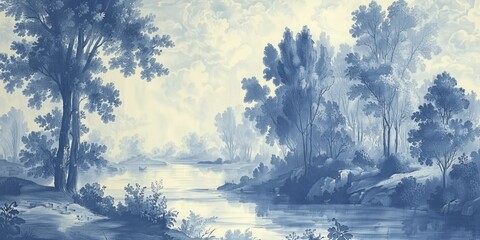 Antique blue toile wallpaper, pastoral scenes in classic French style, serene elegance