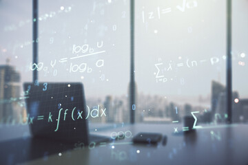 Creative scientific formula illustration and modern desktop with pc on background, science and...