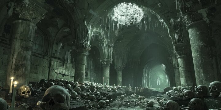 Ancient crypts and skeletons wallpaper, historical horrors, bones in the dark