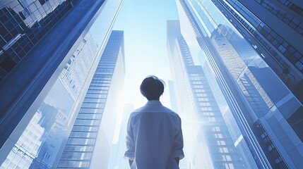 Successful businessman amidst skyscrapers, dreaming of investments.