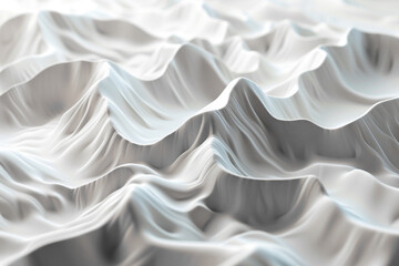 A monochrome topographical relief model shows the detailed contours and elevations of a mountainous landscape, emphasizing geological features.