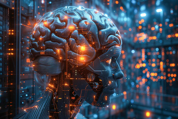Advanced Artificial Intelligence Brain Model Displayed In High-Tech Server Room Environment