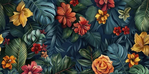 Fotobehang This wallpaper features an intricate botanical floral pattern, detailed and lush, showcasing nature-inspired elegance. © Manyapha