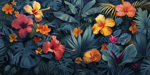 This large-scale tropical floral wallpaper is vibrant and immersive, effectively bringing an outdoor ambiance indoors.