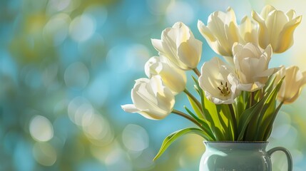 Beautiful bright, multi-colored yellow, white, red, purple, and pink blooming tulips Vibrant tulips in bloom, a lively spring scenery in springtime. Spring-Easter flower background.
