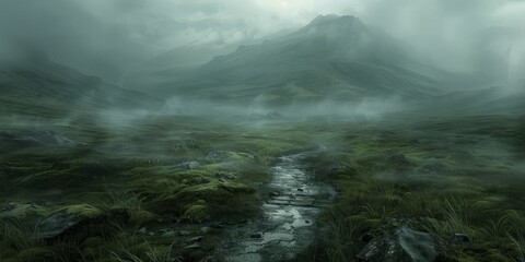 Mysterious foggy moors wallpaper, undefined paths and lurking dangers, desolate beauty - obrazy, fototapety, plakaty