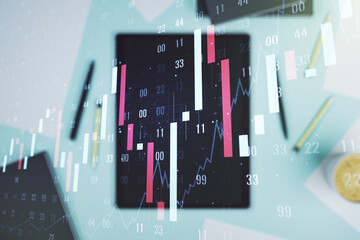 Multi exposure of abstract financial graph and modern digital tablet on desktop on background, top...