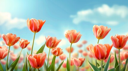 Fototapeta premium Beautiful bright, multi-colored yellow, white, red, purple, and pink blooming tulips Vibrant tulips in bloom, a lively spring scenery in springtime. Spring-Easter flower background.