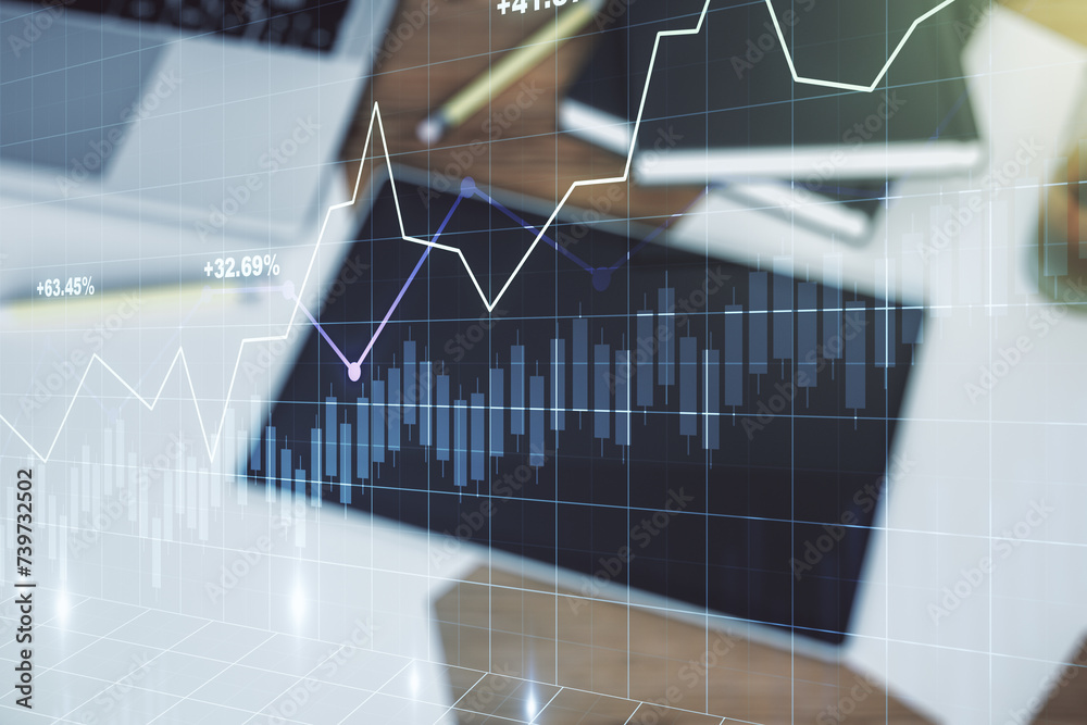 Poster Multi exposure of abstract creative financial graph and modern digital tablet on background, top view, forex and investment concept