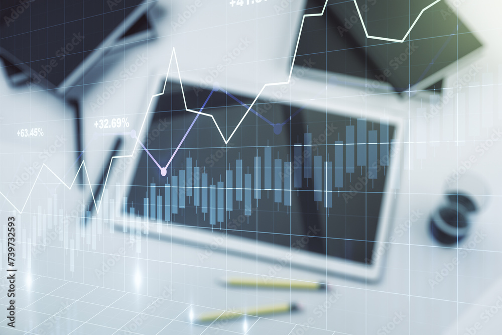 Poster multi exposure of abstract financial graph and modern digital tablet on desktop on background, top v