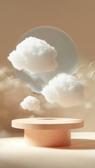 two clouds in the air in front of a wooden platform, in the style of circular shapes, minimalist staging, light white and light azure, dusty piles, octane render, miniature sculptures, monochromatic