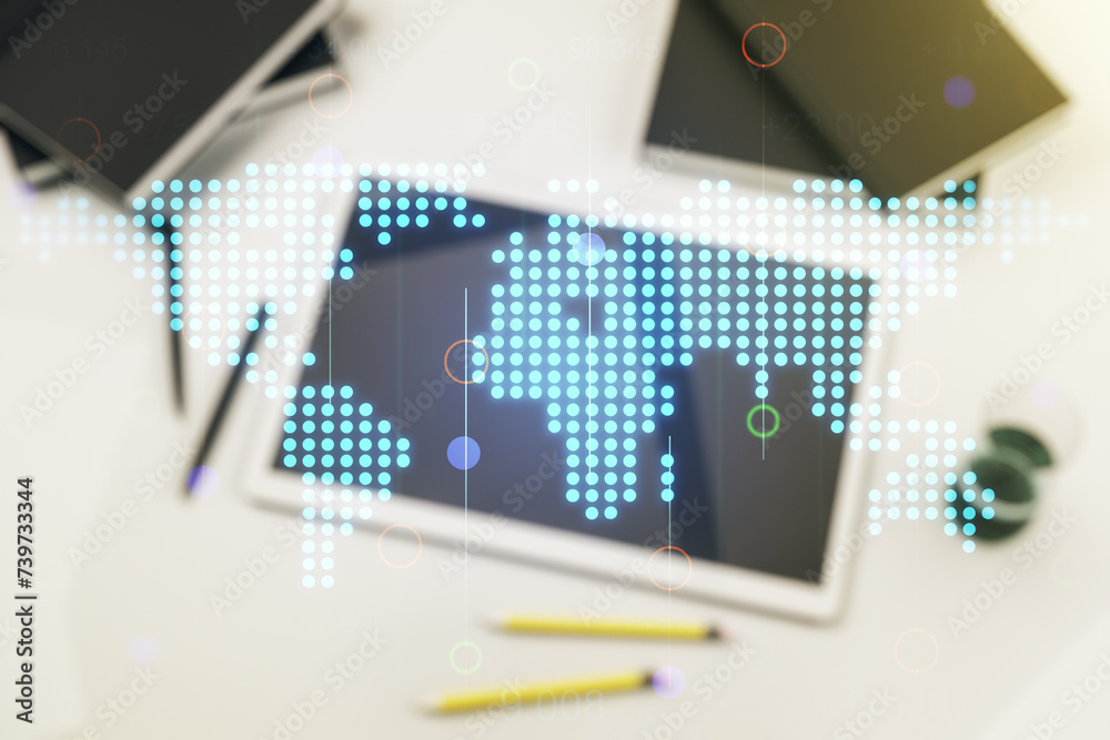 Poster multi exposure of abstract graphic world map and modern digital tablet on background, connection and