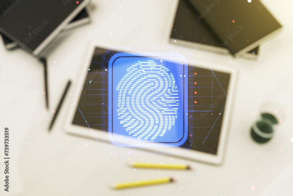 Poster multi exposure of abstract creative fingerprint illustration and modern digital tablet on background