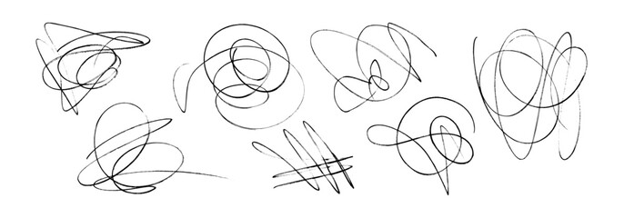 Hand Drawn Scribble Pencil Line Set. Scratch Texture Sketchy Graphic Collection. Sloppy Hatching, Highlighter for Modern Design. Vector Illustration Isolated on White Background. Ballpoint Round Swirl