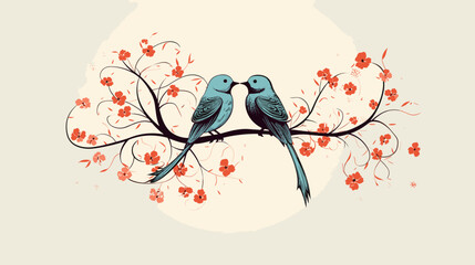 Abstract lovebirds perched on a heart-shaped branch. simple Vector art