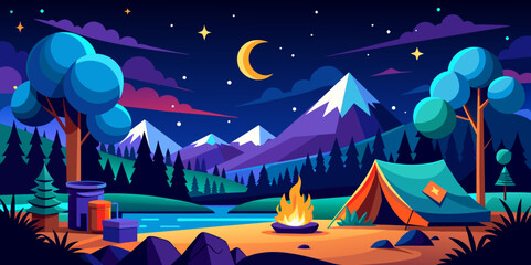 Camping Scene Under Starry Sky - Nighttime Outdoor Adventure
