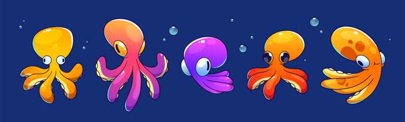 Cute childish octopus cartoon character float underwater with bubbles. Vector illustration set of cute marine or aquarium animal. Friendly sea and ocean creature with tentacle and adorable faces. © klyaksun
