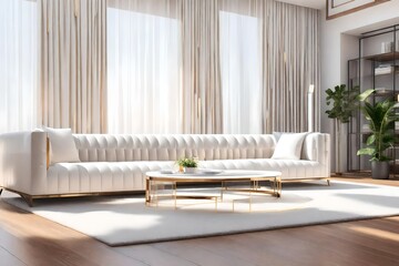 luxury Living room interior for modern home, white soft sofa on carpet  with full wall window