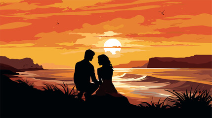 Abstract couple's silhouette on a beach at sunrise. simple Vector art