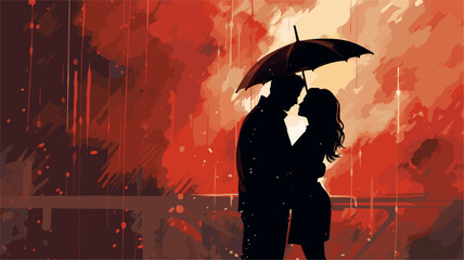 Abstract couple's silhouette sharing a romantic moment in the rain. simple Vector art