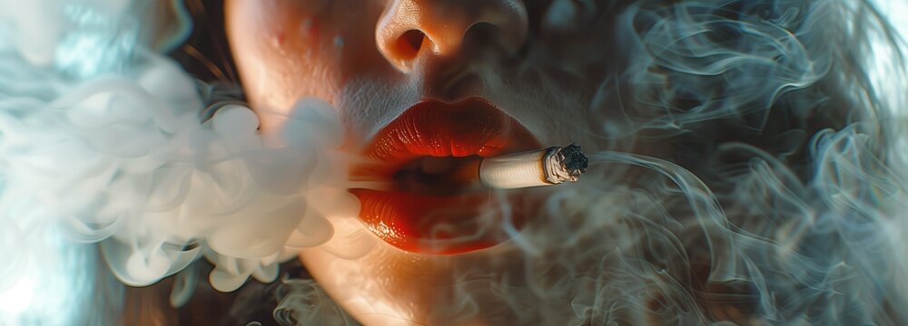 close up macro shot of a woman's red lips smoking cigarette smoke around