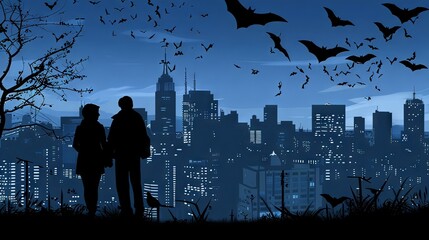 A silhouetted couple holds hands amidst a flurry of bats against the backdrop of an urban skyline at dusk.